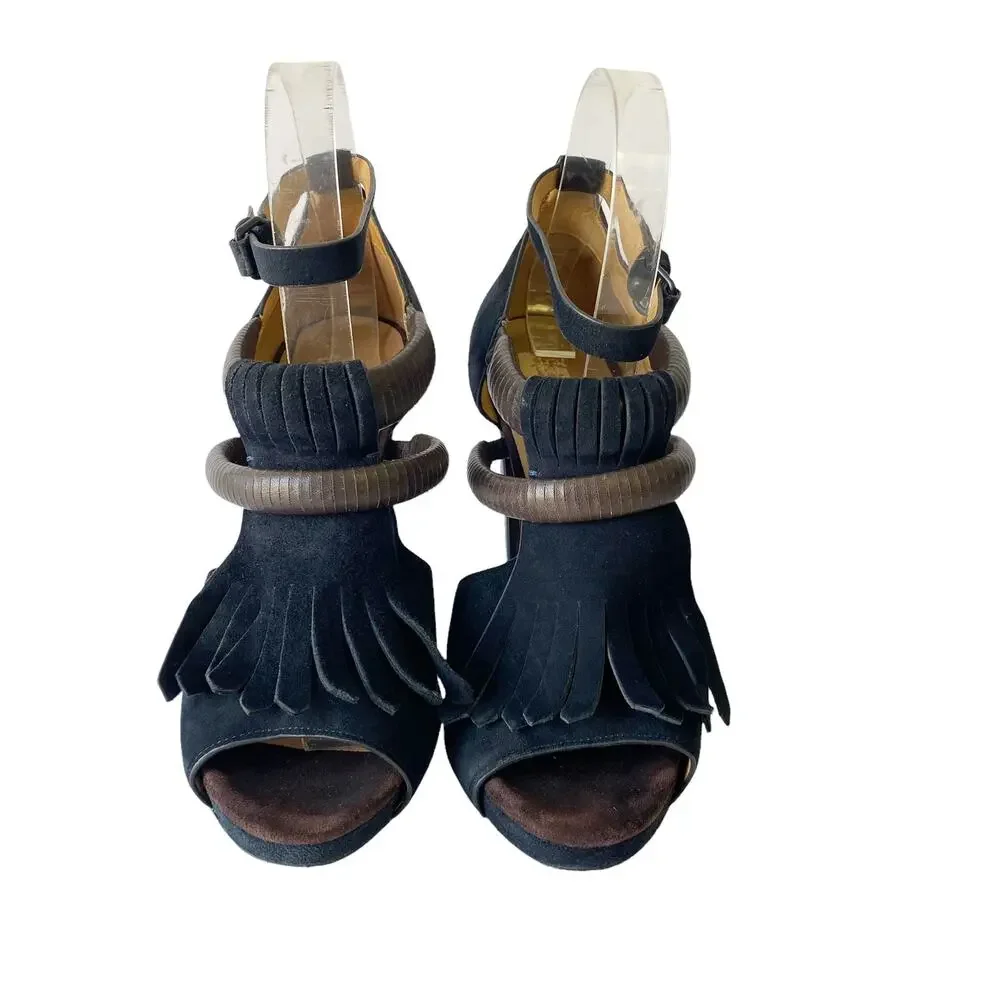 L.A.M.B Hortensia Womens Size 7 Dark Blue Fringe Suede Brown Strap Heels